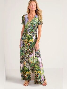 Soft Surroundings Floral Watercolor Faux Wrap Joanna Jersey Maxi Dress Size M